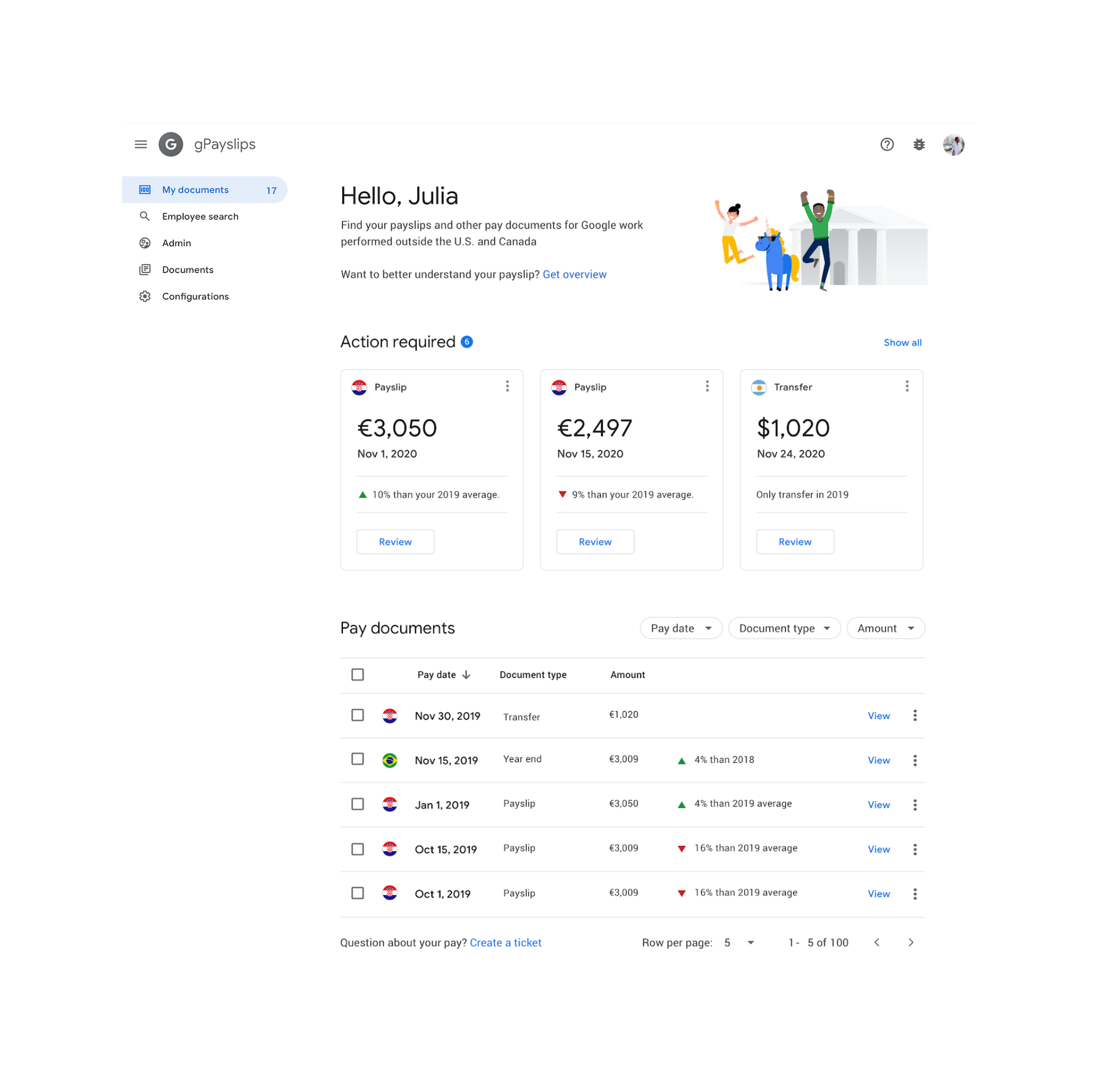 Google Finance payslips UI