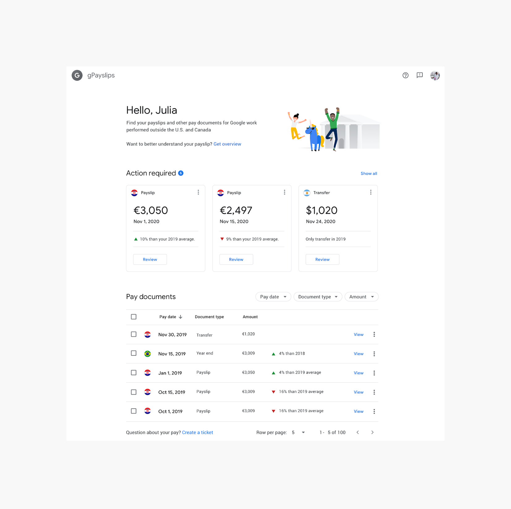 Google Finance payslips UI