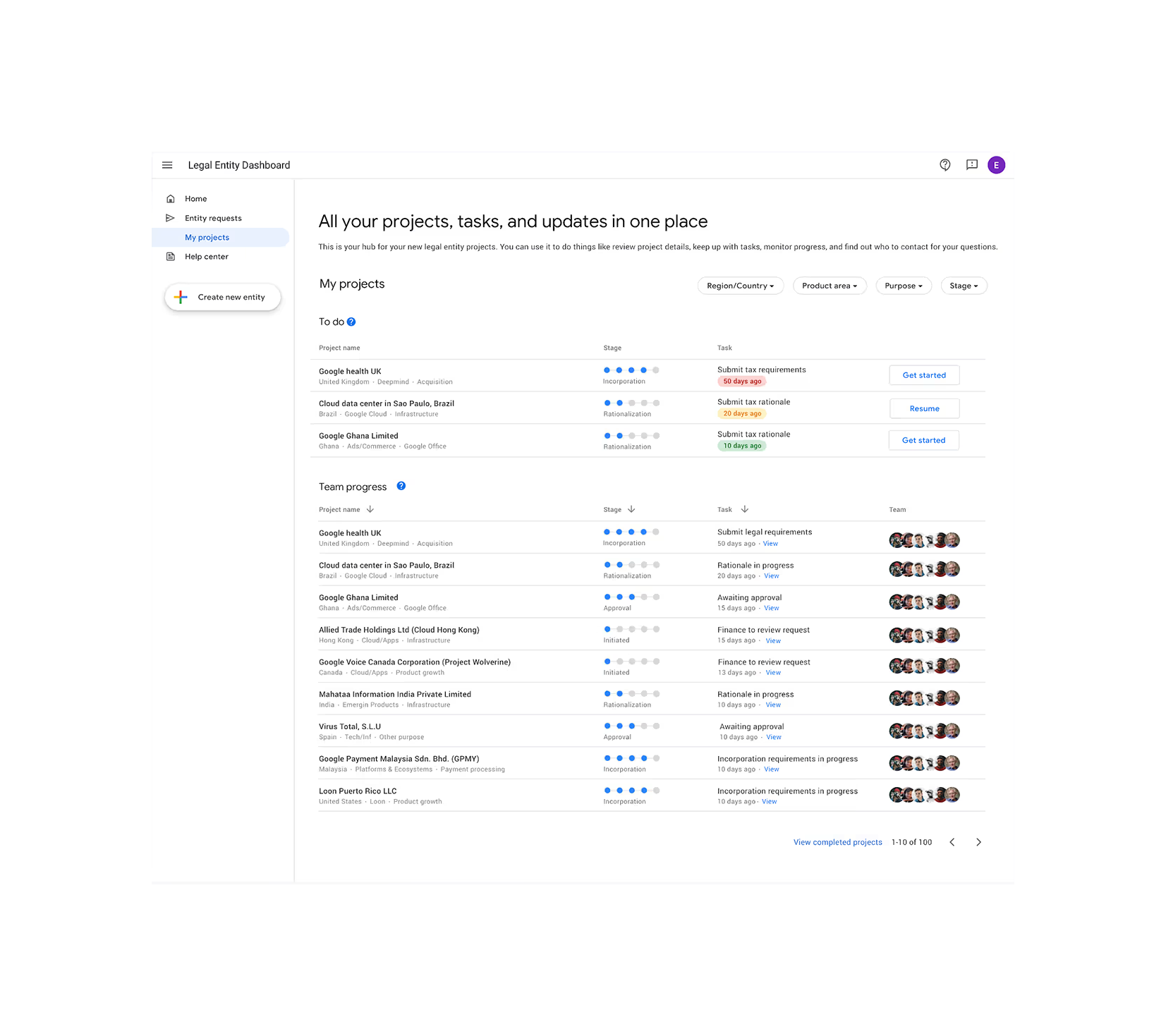 Google Finance legal entity creation UI