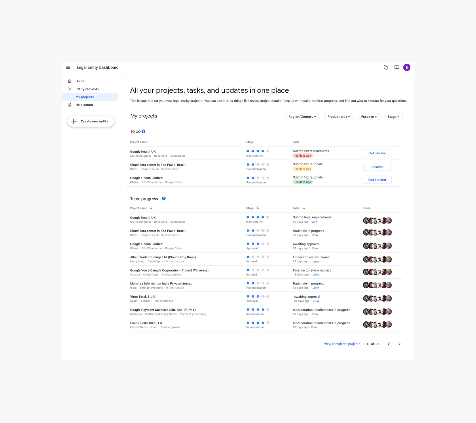 Google Finance legal entity creation UI